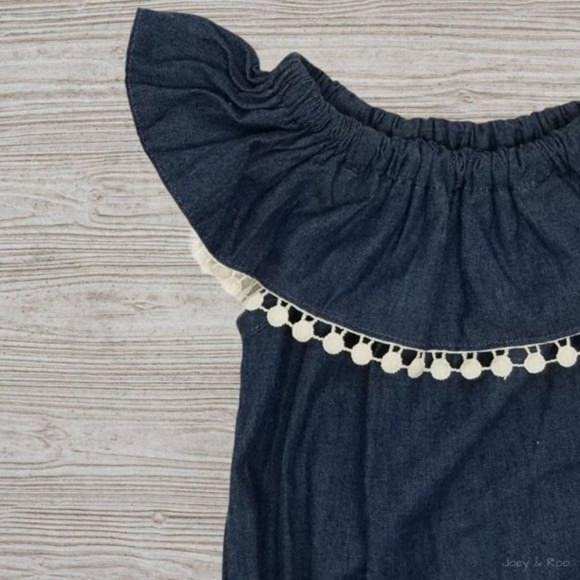 Chambray Ruffle Pom Pom Bodysuit Short Sleeve - Picture 2 of 3